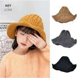 Korean Thicken Lovely Kids Knitted Bucket Hat Warm Cotton Wool Baby Children Boy Girl Witch Cap Autum Winter Fisherman Hats