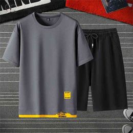 Casual Men's Sportswear Clothing Summer Men Suit Fashion Fitness Sportssuit Short Sleeve T-Shirt+Shorts 2 PCS Tracksuit Male Set 210806