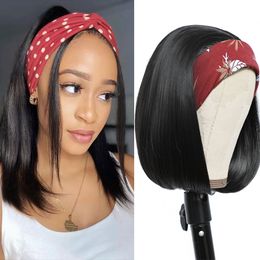 Headband Wigs Synthetic Straight Short Bob Synthetic Wig for Black Women Easy To Wear 12 Inch Shrot Wigs Ombre Brown Colour Black