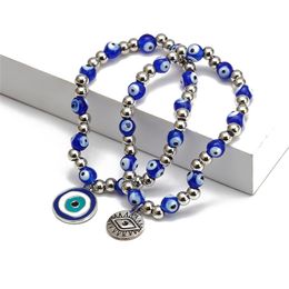 Blue Evil Eyes Beaded Strands Charm Bracelets Fashion Stretch Silver Bead Bracelet Bangles Lucky Turkish Pendant Jewelry Accessories for Women Men Gifts