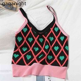 Korean Spring Summer Sexy Pink Tank Tops For Women V-Neck Sleeveless Sweet Love Knitted Short Camis Basic Vest 210601
