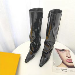 Stivali a punta Stivali al ginocchio Donna Pieghettati Donna Botas Cerniera sexy Femme Scarpe Moto in pelle verniciata Zapatos Mujer 94868