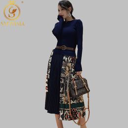Elegant Sweater Dress Autumn Winter Knitted Long Sleeve Women printing Pleated Patchwork Office Casual 210520