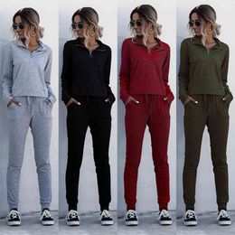Casual Sweatsuits for women pants Spring Summer Solid Colour Collar Zipper two Piece Set Tracksuits women sets clothes Top 210514