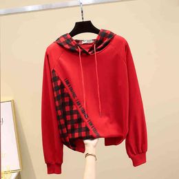 Autumn Women's Long Sleeves Hoodies Letter Plaid Hooded Tops Girls Ladies Pullover Casual Sweatershirt A3996 210428