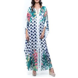 Split Printing Tie Up Bikini Cover Swinwear Robe De Plage V-neck Pareo Beach Tunic Kaftan Oversize Boho Dress Women's Swimwear