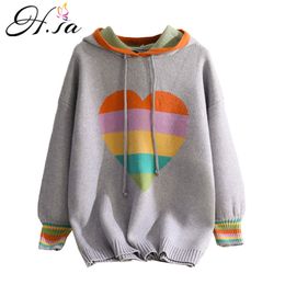 H.SA Roupa Mujer Women Knitted Sweater and Hooded Jumpers Sweet Heart Print Rainbow Pullovers Blue Jumper Pull Femme Hiver 210417