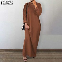 ZANZEA Women Vintage Long Sleeve Solid Maxi Dress Casual Kaftan Vestido Robe Dubai Abaya Turkey Hijab Sundress Muslim Y0823