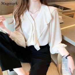 Autumn Korean Tops For Women Fashion Ruffles V-neck Chiffon Blouse Long Sleeve Cardigan Shirt Blusas Mujer 11458 210512