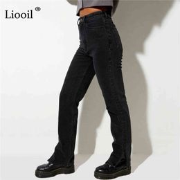 Liooil Boyfriend Slit High Waisted Jeans Women Streetwear Straight Leg Black Skinny Pants Fall Casual Denim Trousers 211129