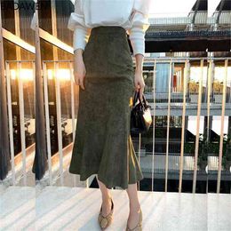 Fashion Women Long Skirts Vintage Mermaid High Waist Solid Color Package Hip Slim Tight Fishtail Office Lady for Winter 210721