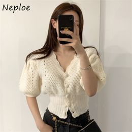 Sexy Hollow Out Design Single Breast Knit Cardigans Sweater Women V Neck Short Sleeve Slim Pull Femme Coat Spring Sueter 210422