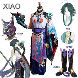 Game Genshin Impact Xiao Cosplay Costume Kimono Outfit Wig Tattoo Mask Cosplay Anime Halloween Costume For Women Men Y0903