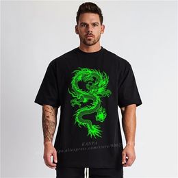 Green Dragon Men Plus Size T Shirts Black Cotton T-shirt Oversize Tops Tee for Big Tall Man Workout Street Suits Short Sleeve 210716