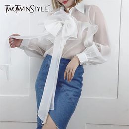 Blue Patchwork Bowknot Casual Shirts For Women Lapel Long Sleeve Perspective Blouses Female Spring Fashion 210524