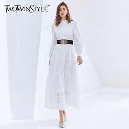 TWOTWINSTYLE Hollow Out Black Dress For Women Stand Collar Lantern Sleeve High Waist Sashes Midi Dresses Female Fashion 210517