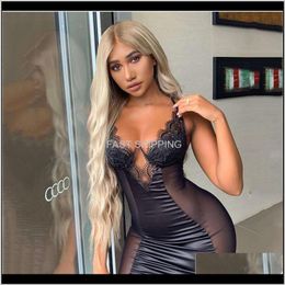 Casual Dresses Apparel Women Bodycon Dress V Neck Lace Sexy Night Club Mesh Black Ooen Back Perspective Party Summer Clothes Dro 6W54G