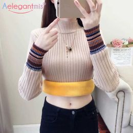 Aelegantmis Thick Warm Velvet Knitted Turtleneck Sweater for Women Winter Autumn Ribbed Pullover Korean Style Jersey Mujer 210607