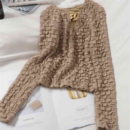 Autumn Style V-neck Slim Fit Solid Colour Short Korean Pullovers Pleated Pattern T-shirt Female Tops GX1159 210506