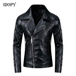 Idopy Men's Punk Leather Jackets Black Rivets Motorcycle Leather Jackets Studded Gothic Slim fit Biker Leather Coat for Male 211009