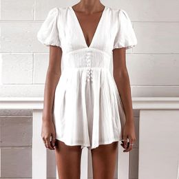 Puff Sleeve V Neck Button Casual White Summer Beach Romper Playsuits Wide Leg Female Overalls Cotton Linen Romper 210415