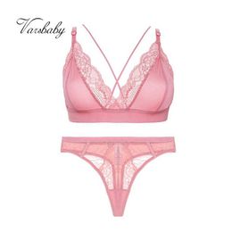 Sexy Set Varsbaby Sexy Ultra-Thin Lace Women Black Pink Red Lingeries S-XL Bra+Embroidered Thong 2Pcs Underwear Set L2304