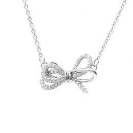 Fashion Stainless Steel Chain Necklace Bow Gold & Silver Colour Cubic Zirconia Neckalces Women Jewellery Gift 47.5cm Long, 1 PC