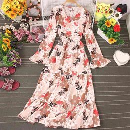 Long-sleeved V-neck Flower Print Dress Autumn All-match Korean Version of The Waist and Thin Ruffle Skirt UK054 210507