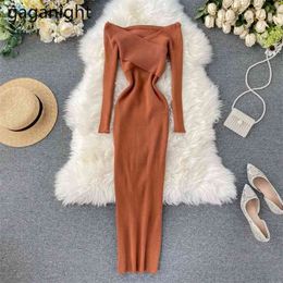 Sexy Long Sweater Dress Fall Elegant Knitted Off The Shoulder Cross Slash Neck Slim Waist Bodycorn Vestidos 210601