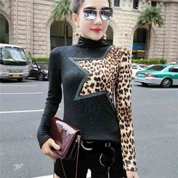 Patchwork Leopard Pullover Tshirt Spring Autumn Women Long Sleeve Bottoming Shirt Turtleneck T Shirts Clothes T91704 210421