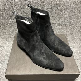 Vintage black suede wedge slip-on male boots western sewing cowhide brogue formal business men Boots