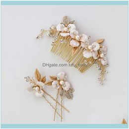 Jewelryvintage Gold Floral Bridal Comb Pins Pearls Jewellery Handmade Leaf Wedding Headpiece Women Hair Ornament Drop Delivery 2021 Qgbge