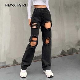 HEYounGIRL Hole Ripped Black Woman Distressed Jeans Casual Hip Hop High Waist Pants Capris Pocket Straight Denim Trousers Ladies H0908