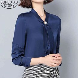 Bow Blouse Silk Fashion 7 Colors Office Lady Long-Sleeve Shirt Women Autumn Solid Plus Size Button Cardigan Tops 10854 210417