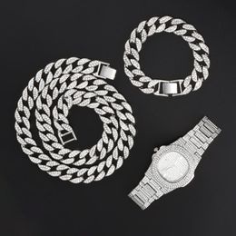 Pendant Necklaces 15mm Necklace +Watch+Bracelet Hip Hop Miami Curb Cuban Chain Gold Iced Out Paved Rhinestones CZ Bling Rapper For Men Jewel