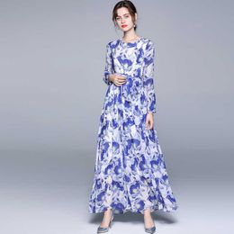 Women Spring Designer Elegant Floral Chiffon Maxi Dress Holiday Long Sleeve Party Robe Ladies Vintage Print Dresses Vestidos 210525