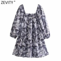Women Vintage Square Collar Ink Floral Printing Casual Loose Mini Dress Female Chic Summer Puff Sleeve Vestido DS8168 210420