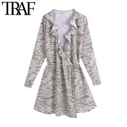 TRAF Women Chic Fashion With Belt Animal Print Wrap Mini Dress Vintage Long Sleeve Ruffled Female Dresses Vestidos 210415