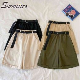 SURMIITRO Cotton Casual Summer Korean Style Women All-Match Short Pants High Elastic Waist Shorts Female With Belt 210724