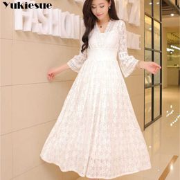 Autumn Summer Dress Women Elegant Sexy Hollow Out White Lace Vintage flare sleeve Long A-Line Party es Female 210608