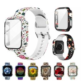 Printed Pattern Watch Case and Straps for Apple smartwatch 38 40 42 44mm iwatch Cases with Tempered Glass Screen Protector+ Silicone Printing band combination
