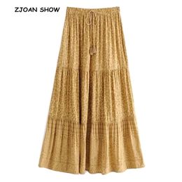 Bohemian Yellow Leopard Print Long Skirt BOHO Women Stitching pleated Lacing up Stream Elastic Waist Swing Skirts Beach 210429
