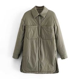 Autumn Winter Lapel Double Pocket Split Thin Cotton Loose Shirt Jacket Women's Long Sleeve Oversized Puff Coat 210607