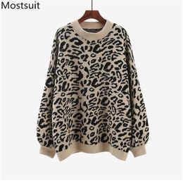 Leopard Knitted Sweater Pullover Women Autumn Winter Long Sleeve O-neck Oversized Loose Korean Casual Fashion Tops Sweaters 210513