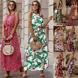 Women Vintage Print Bohemian Dress Ladies Sleeveless Tie-up Round Neck Halterneck Dress Summer Maxi Dress Sundess With Belt X0521