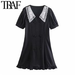 Women Sweet Fashion With Lace Ruffled Mini Dress Vintage Puff Sleeves Button-up Female Dresses Vestidos Mujer 210507