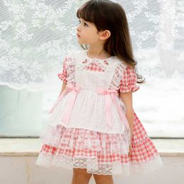 Summer Baby Girl Spanish Lattice Dresses Infant Spain Lolita Princess Ball Gown Children 1st Birthday Baptism Lace Bow Dress 210615