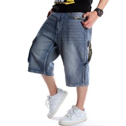 Mens Plus Size Loose Baggy Denim Short Men Jeans Fashion Streetwear Hip Hop Long 3/4 Cargo Shorts Pocket Bermuda Male Blue 210720