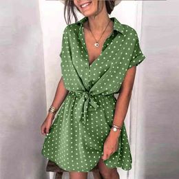 Vintage Polka Dot Print Boho Dress Shirt Women Casual Loose Short Beach Summer Dress Mini Green Dress Plus Size 210415