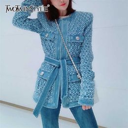 TWOTWINSTYLE Vintage Blue Denim Jacket With Belt Waisted Ripped Hole Women Coat Autumn Long Sleeve Pockets Streetwear 211105